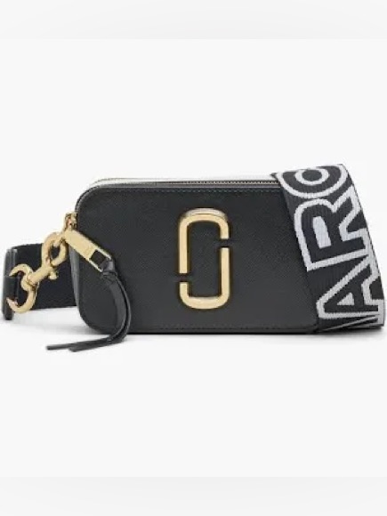 Marc Jacobs Black Crossbody With Gold Hardware And Branded Strap